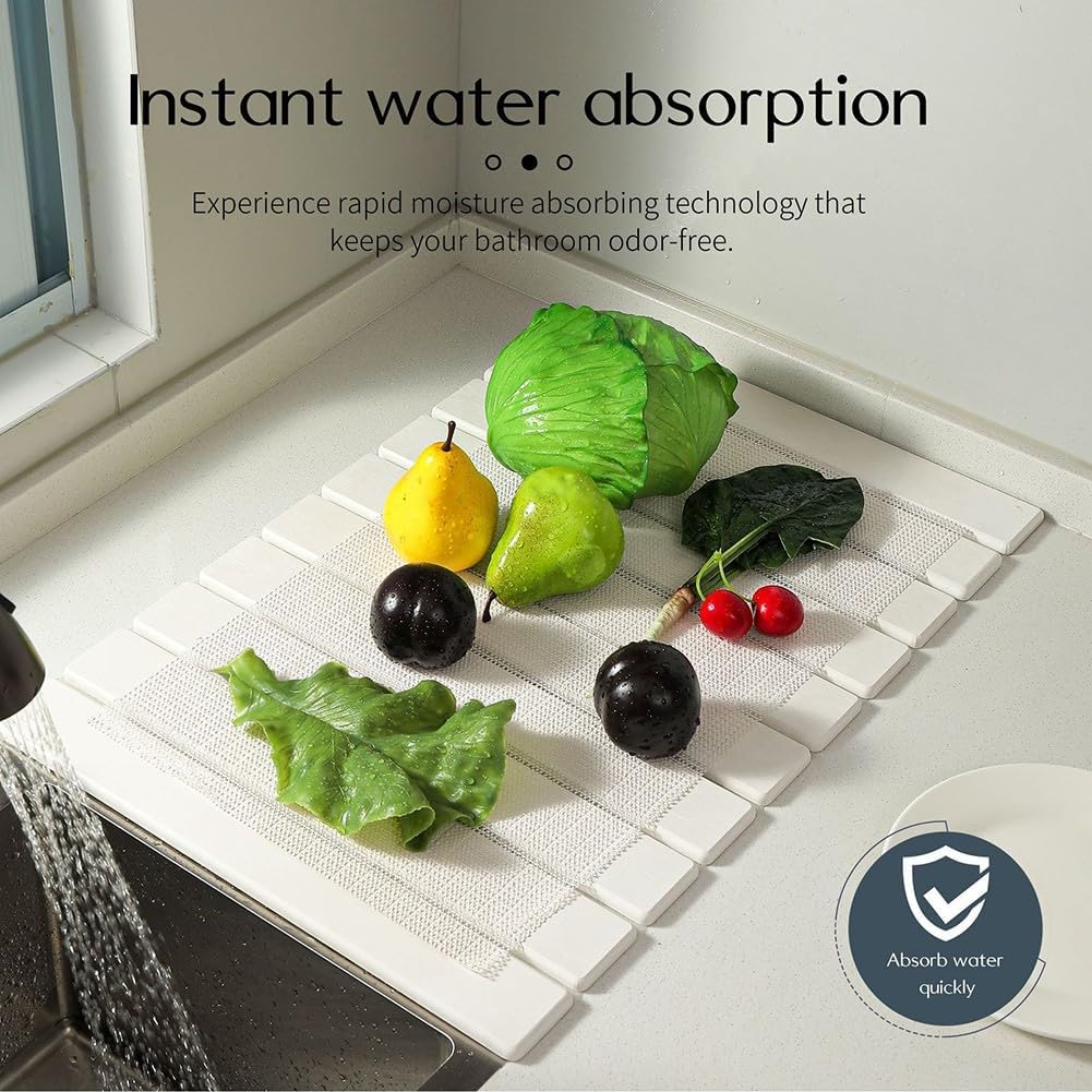Large Stone Dish Drying Mat for Kitchen Counter, Diatomaceous Earth, 60 * 39cm, Fast Drying, Food-Safe, Collapsible, for Dishes Cups Utensils, Dark Gray