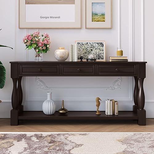 Miniatura 108 de Mesa consola de madera maciza de 48 pulgadas, mesa auxiliar moderna para sofá de entrada con 3 cajones de almacenamiento y 2 estantes. Fácil de