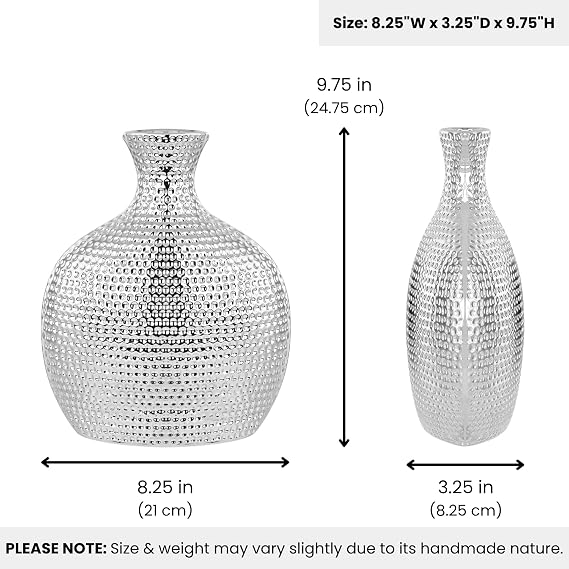 Torre & Tagus Hammered Ceramic Bottle Vase, Tall, Silver