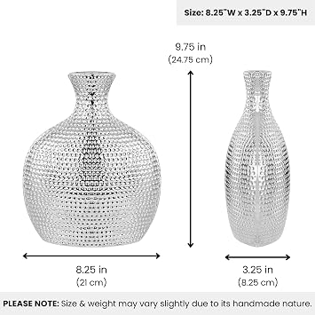 Torre & Tagus Hammered Ceramic Bottle Vase, Tall, Silver