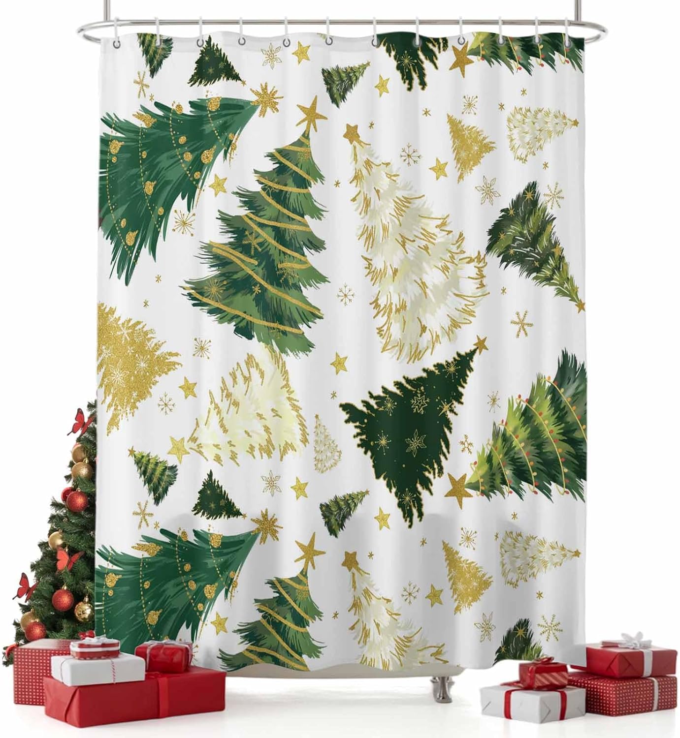 Christmas Tree Shower Curtain Set - Long 72" x 84" Green Golden Xmas Tree Washable Bathtub Curtain with 12 Hooks, Snowflake Waterproof Fabric Stall Shower Curtains for Bathroom Décor
