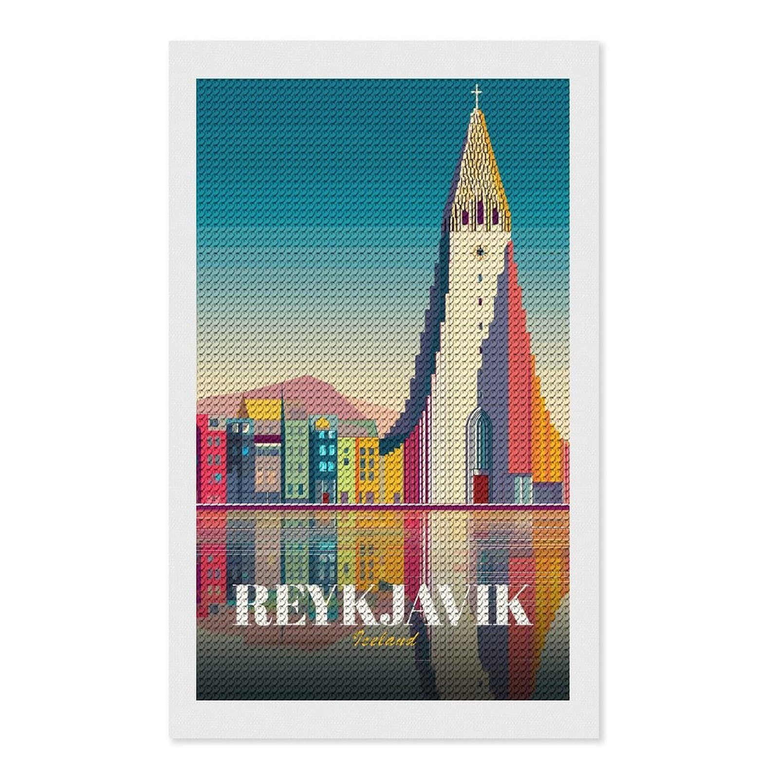 Junmoney Reykjavik Cityscape with Hallgrímskirkja Full Drill Diamond Painting Kit 12"x20", for Teens, Adhesive Canvas, Bedroom Decor, Holiday Gift Idea