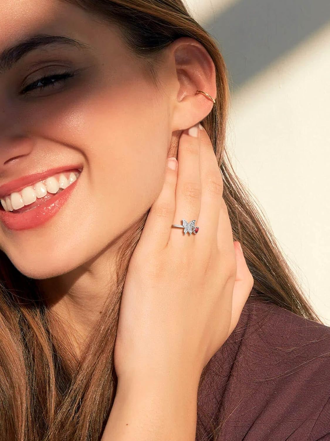 SILVERCUTE Butterfly Rings for Women - 925 Sterling Silver Birthstone Ring Women Jan-Dec Adjustable Ring with Cubic Zirconia Cute Butterfly Jewelry