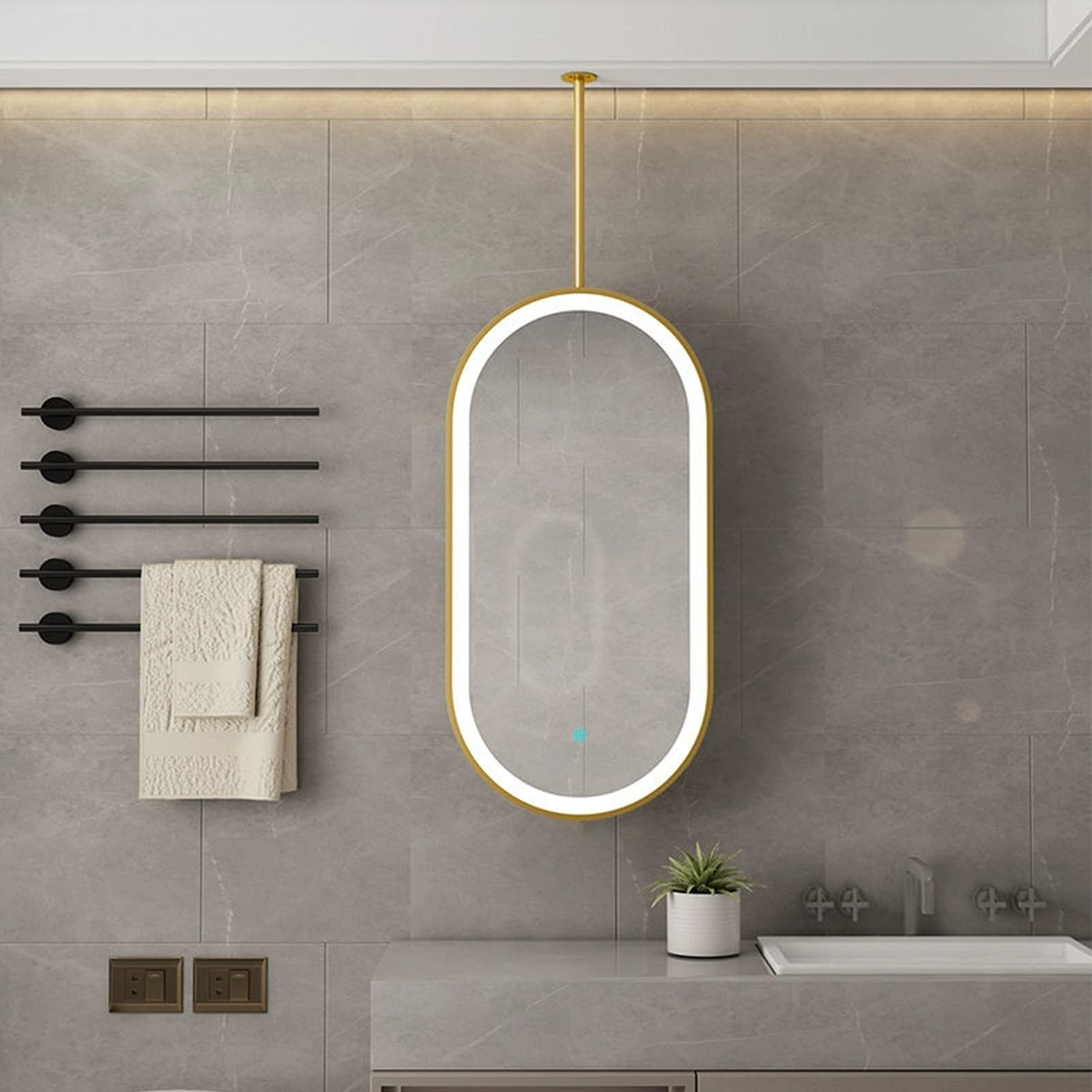 ホテルのアパートメントや自宅のバスルームに最適な、シングルロッド付きオーバル天井取り付け吊り下げミラー、金属フレーム付きタッチ調節可能な照明付き化粧鏡(40cmx60cm)