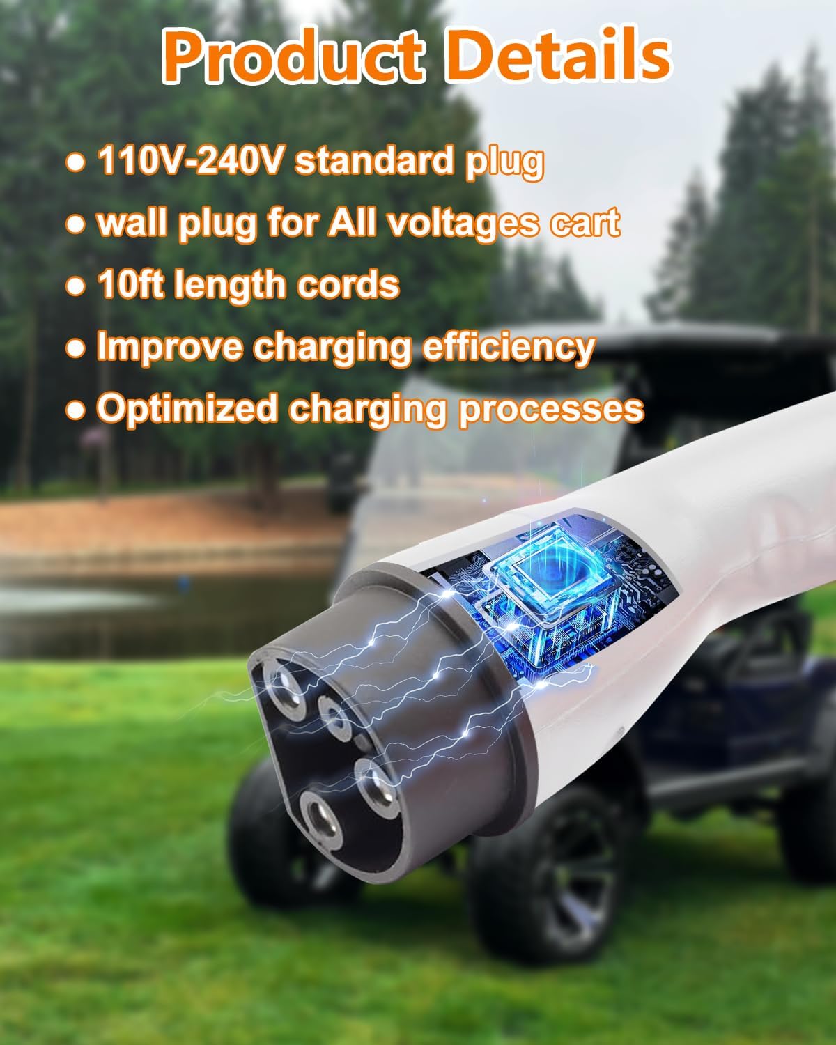 Charging Power Cord Assembly Fits for Evolution ICON Golf Carts,110V-240V 16A 3 pin Golf Cart Charge Plug and 10FT Cable,Replace OEM# 2.04.0620 ST-031016-PT （Plug and Play）