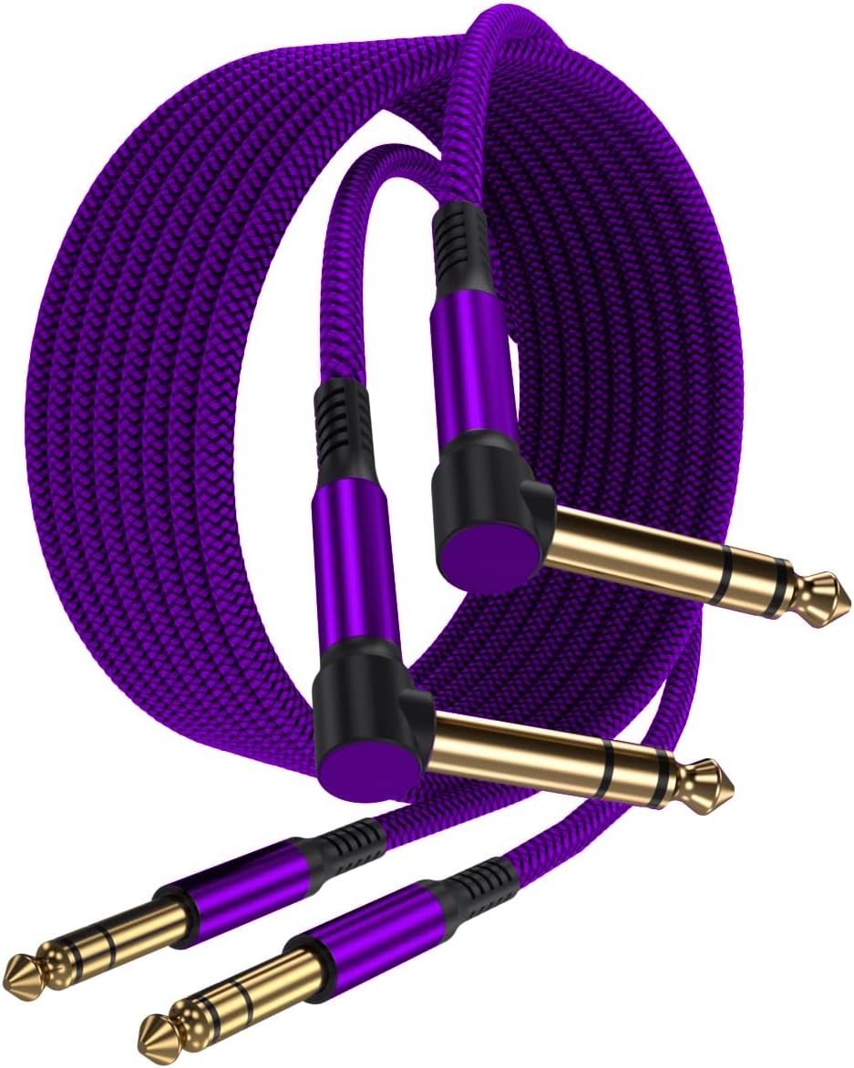 Elebase 1/4 Inch TRS Instrument Cable 20ft 2-Pack,Right-Angled to Straight 6.35mm Male Jack Stereo Audio Cord,6.35 Balanced Interconnect Line for Electric Guitar,Bass,Keyboard,Mixer,Amplifier,Speaker