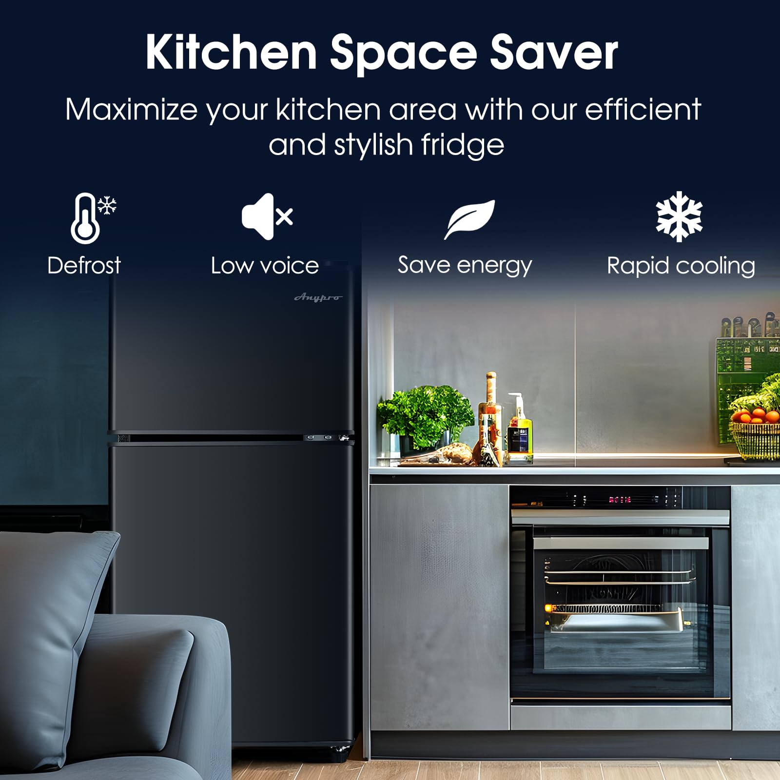 Anypro 3.2 Cu.Ft Fridge With Freezer With 2 Doors, Refrigerator With 7 Level Temperatures, LED Light, Adjustable Shelves, Food Storage Cooling Drink For Bedroom, Office, Dorm, Apartment, Black on Fridge.com - View 2