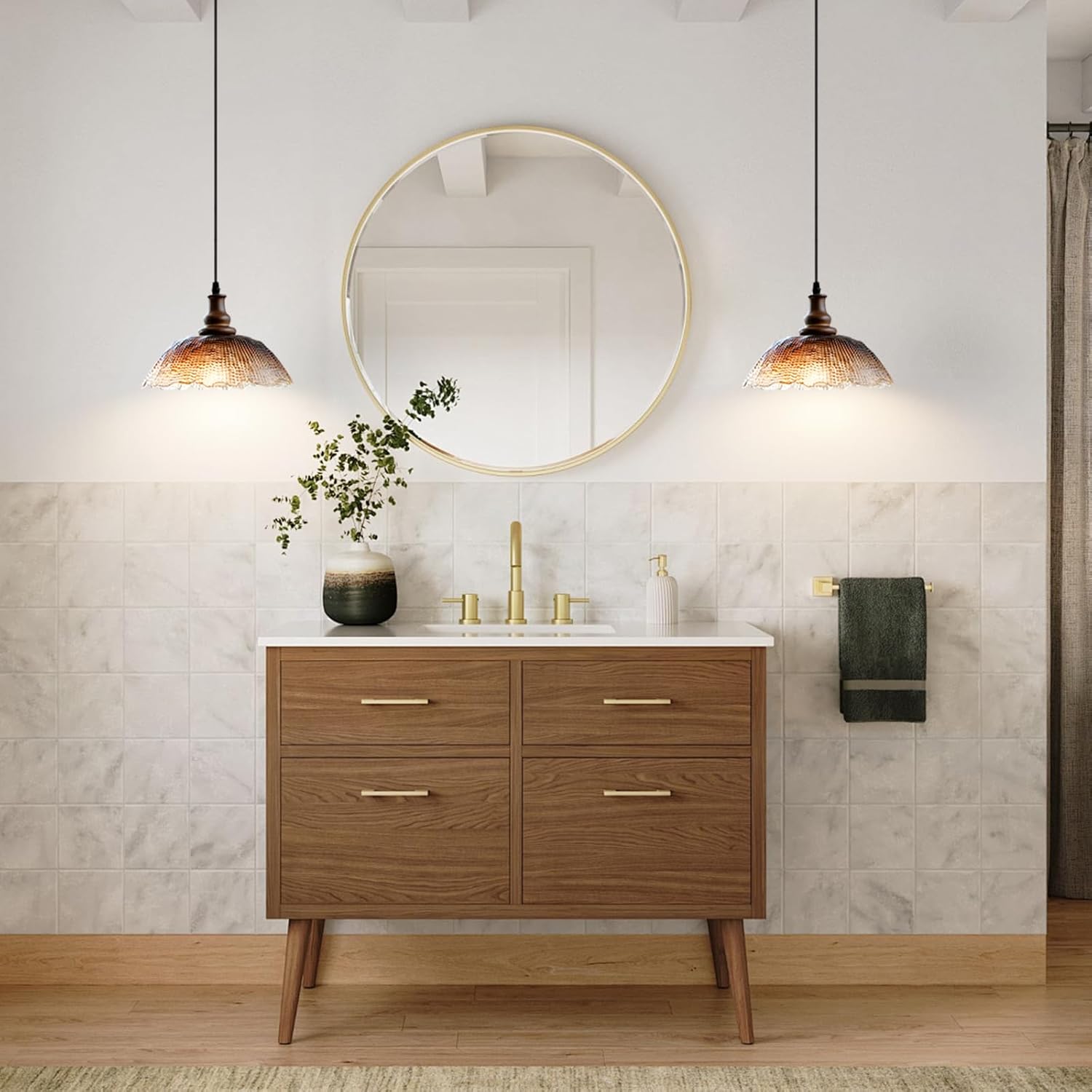 Modern Pendant Lighting, Coffee Gradient Glass Pendant Light Fixtures, 9.1inch 1 Light Wood Hanging Light for Kitchen Island Sink Dining Room