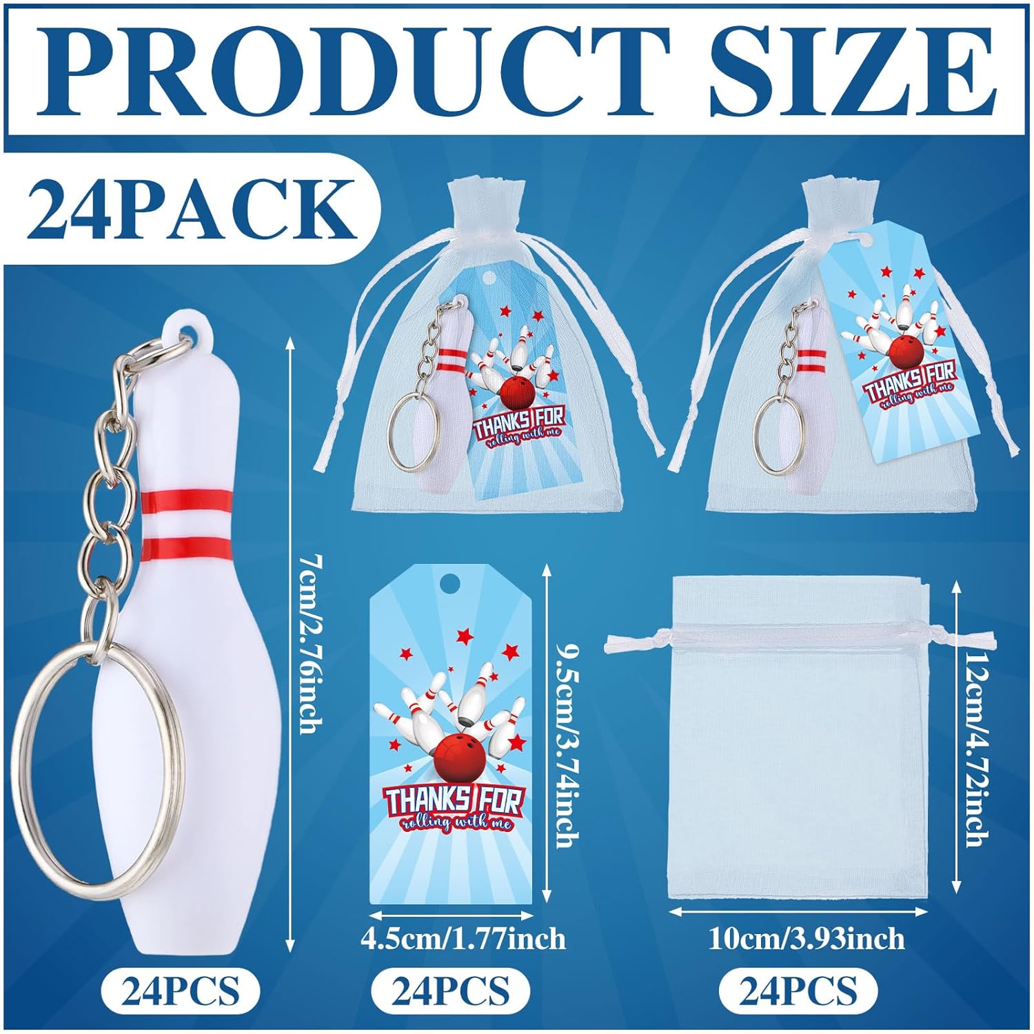 Remuuly 24 Pack Bowling Party Favors, Include Plastic Bowling Pins Keychain Sport Keychain with White Organza Bags and Thank You Tag for Bowling Party Favors, Team Sports Souvenir, Gifts for Athletes - Image 2