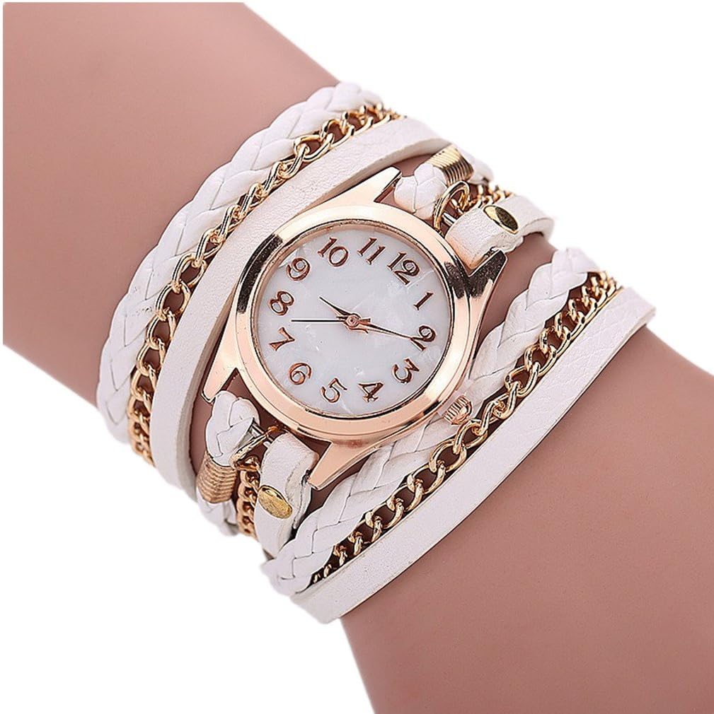 Ryanwayland Women Dress Bracelet Gold Dial Leather Chain Wrap Quartz Watch White