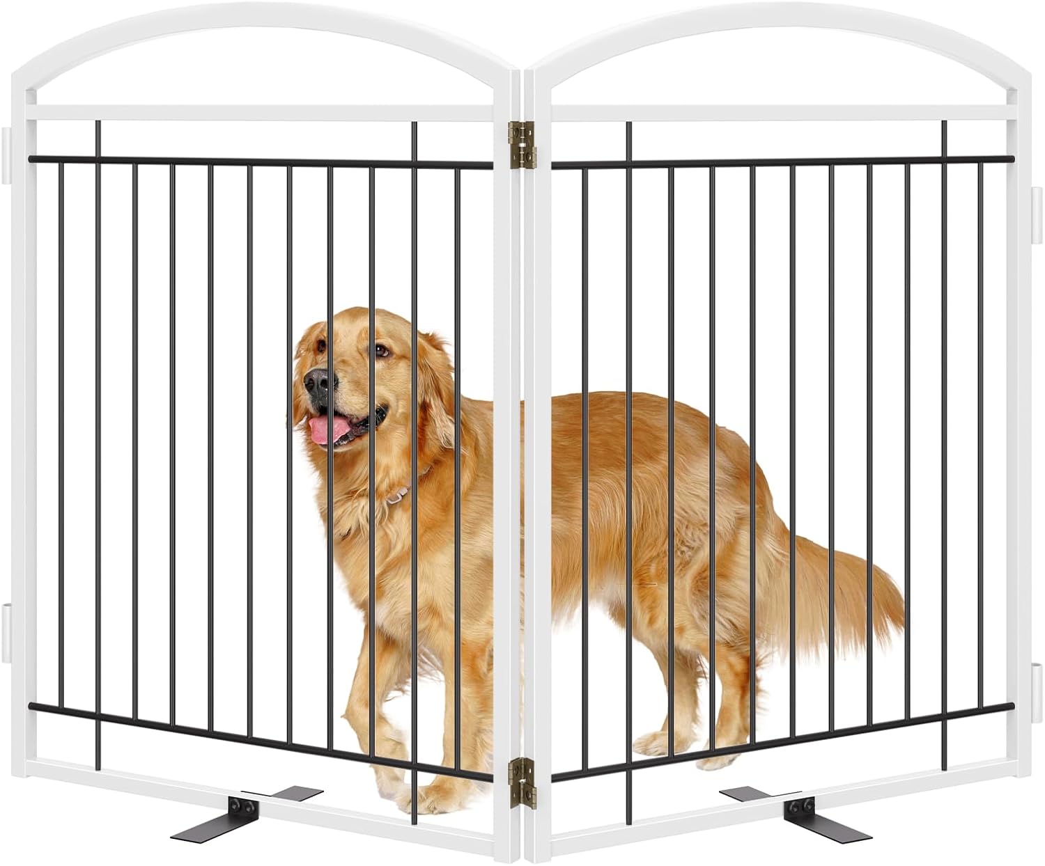 full metal freestanding dog gates with door,foldable pet fences outdoor&indoor for puppy,extra wide free standing wire tall dog gate for openings,doorways,decks,yard(2 panels black&white)