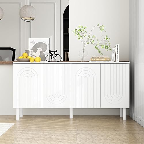 Miniatura 3 de ECACAD Moderno aparador de madera con 3 puertas de vidrio y 6 compartimentos mesa consola de armario de cocina para sala de estar comedor color