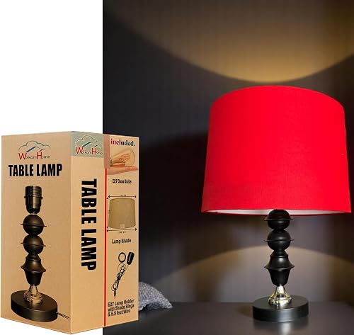 WolkomHome Table Lamp with Customizable Fabric Shade, Black 3-Layer Stacked Ball Shape Metal Base, E27 Bulb Holder, 1.7m Cable – Enhance Your Home & Office Décor | 45 cm Height - Carrnberry Red
