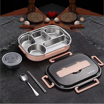 Stainless Steel Leak Proof 5 Compartment Lunch Box Bento Box for Adults & Kids, Tiffin Box Reusable Microwave Freezer Safe Food Containers with Spoon for Adults and Kids (27.5 * 20 * 7.2 cm)