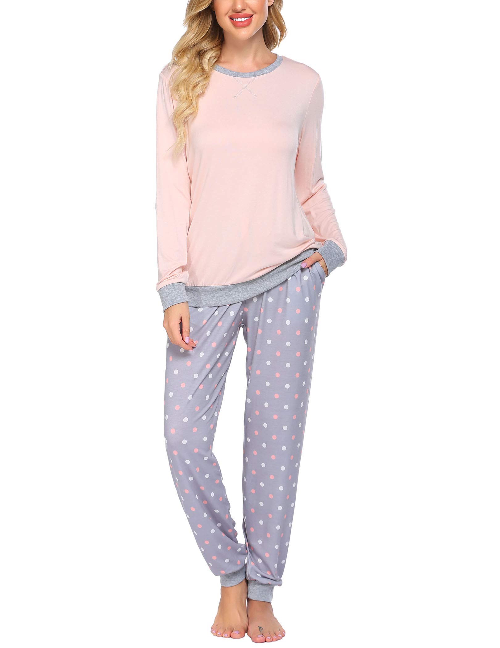 Ekouaer Damen Schlafanzug Lang Zweiteiliger Pyjama Set Rundhals Hausanzug Sleepwear Nachtwäsche Oberteil und Hose