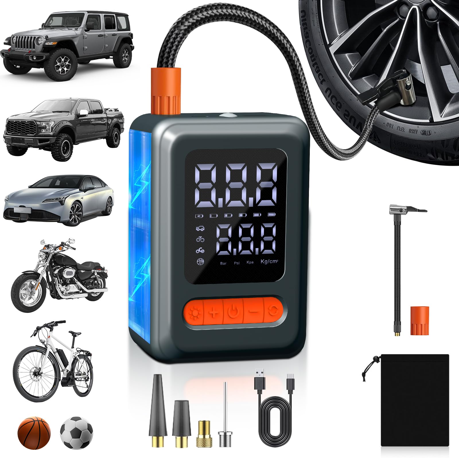 Portable Tire Inflator Air Pump - 18000mAh, 150PSI, Cordless With LED Light & Power Bank, For Car, Bike, Ball