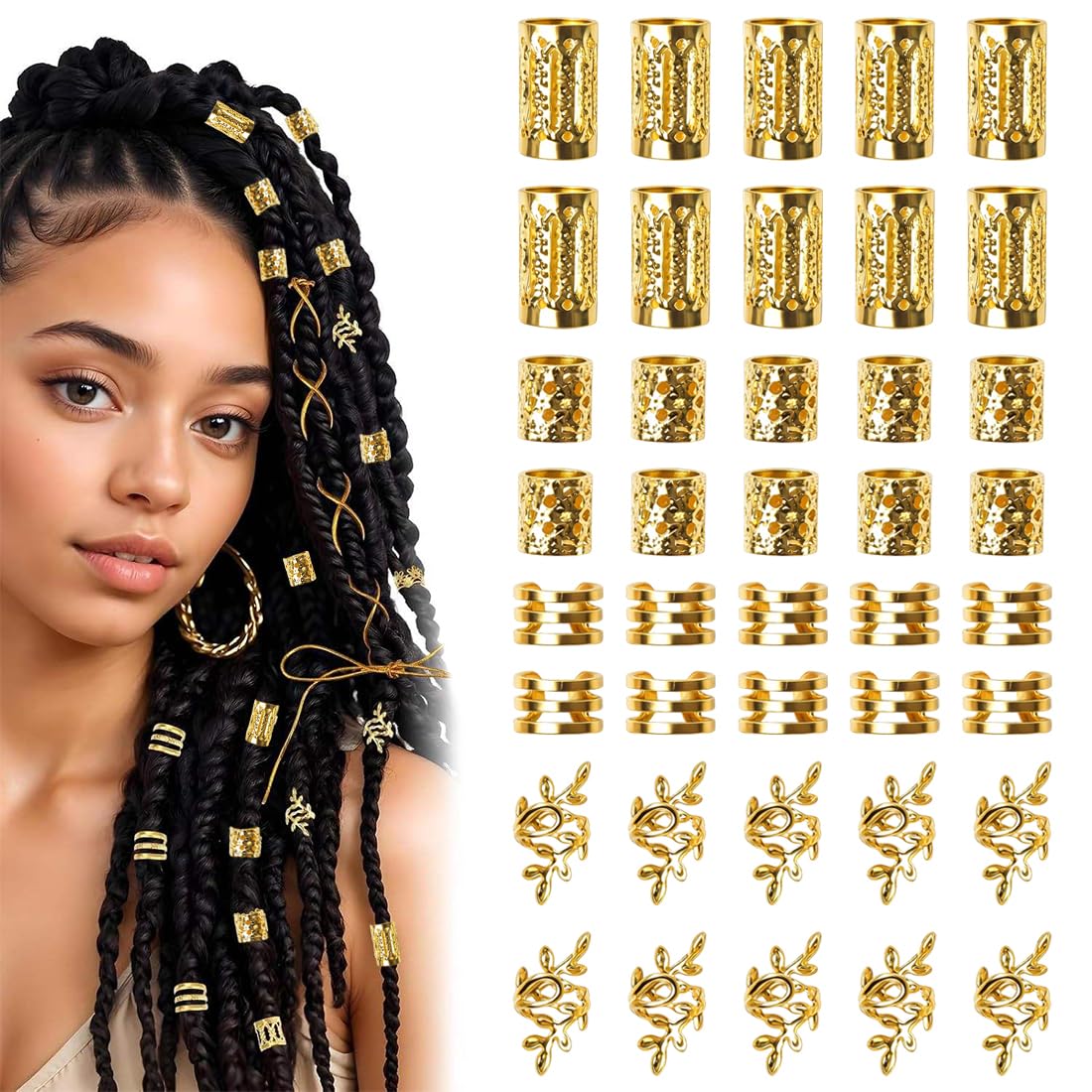 BAUCH 40 Pièces Anneaux Métalliques Dorés pour Dreadlocks, Spirales Capillaires Réglables, Accessoires Viking et Pirate pour Hommes et Femmes