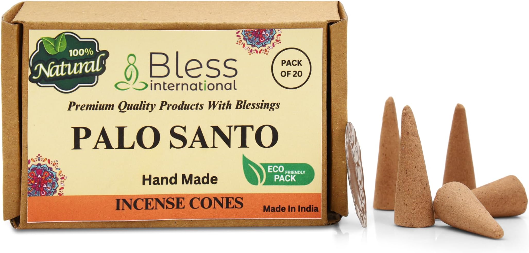 Bless International Palo Santo 100%-Natural-Incense-Cones Handmade-Hand-Dipped Organic-Chemicals-Free for-Purification-Relaxation-Positivity-Yoga-Meditation The-Best-scents (20 Count)
