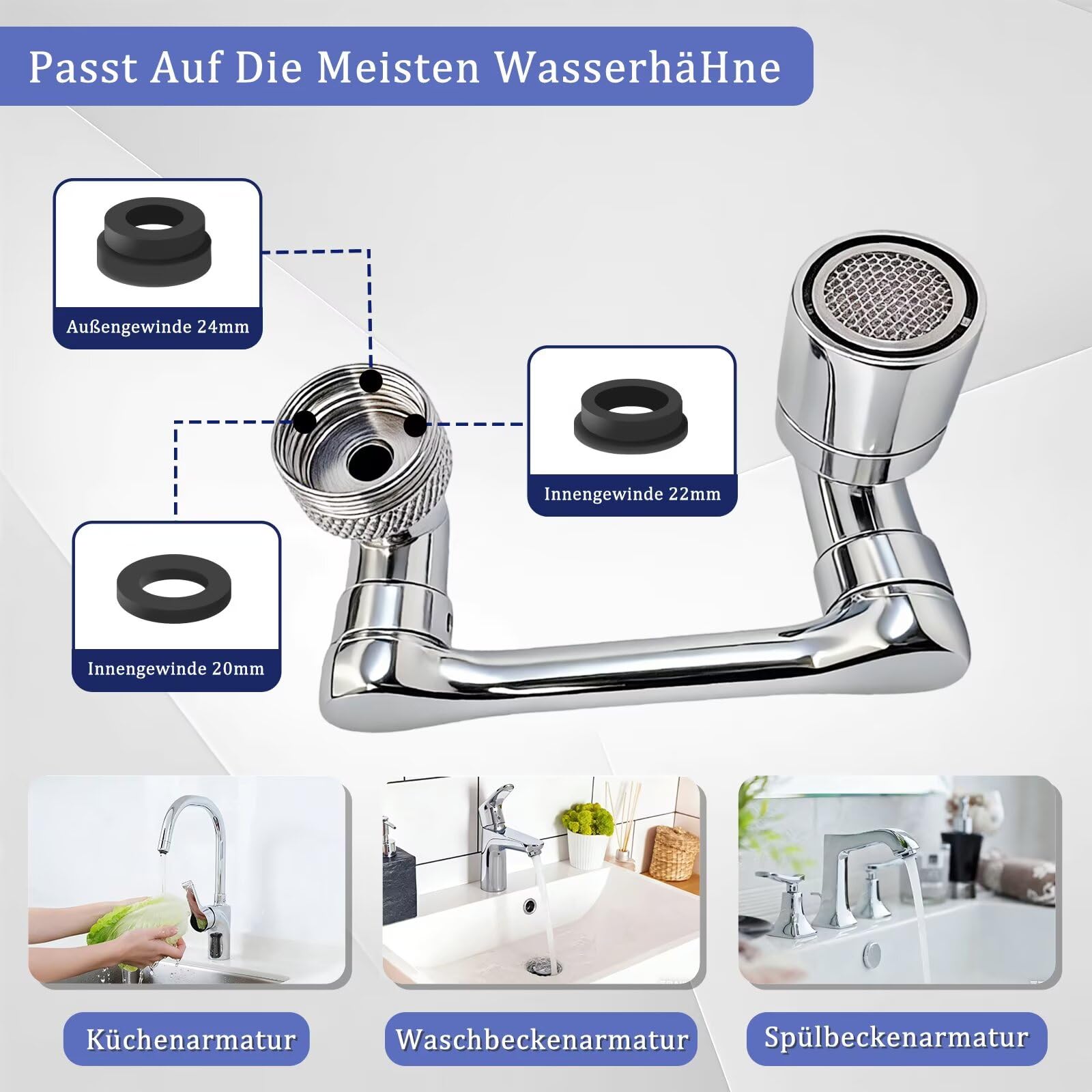 Longing Home 1080° Schwenkbarer Wasserhahn Aufsatz, 360° Kopf, 1 Stück | Robuste Drehbare Spülbecken Verlängerung Universeller Wasserhahn Verlängerung Drehbar Mit Sieb Für Küche Und Badezimmer