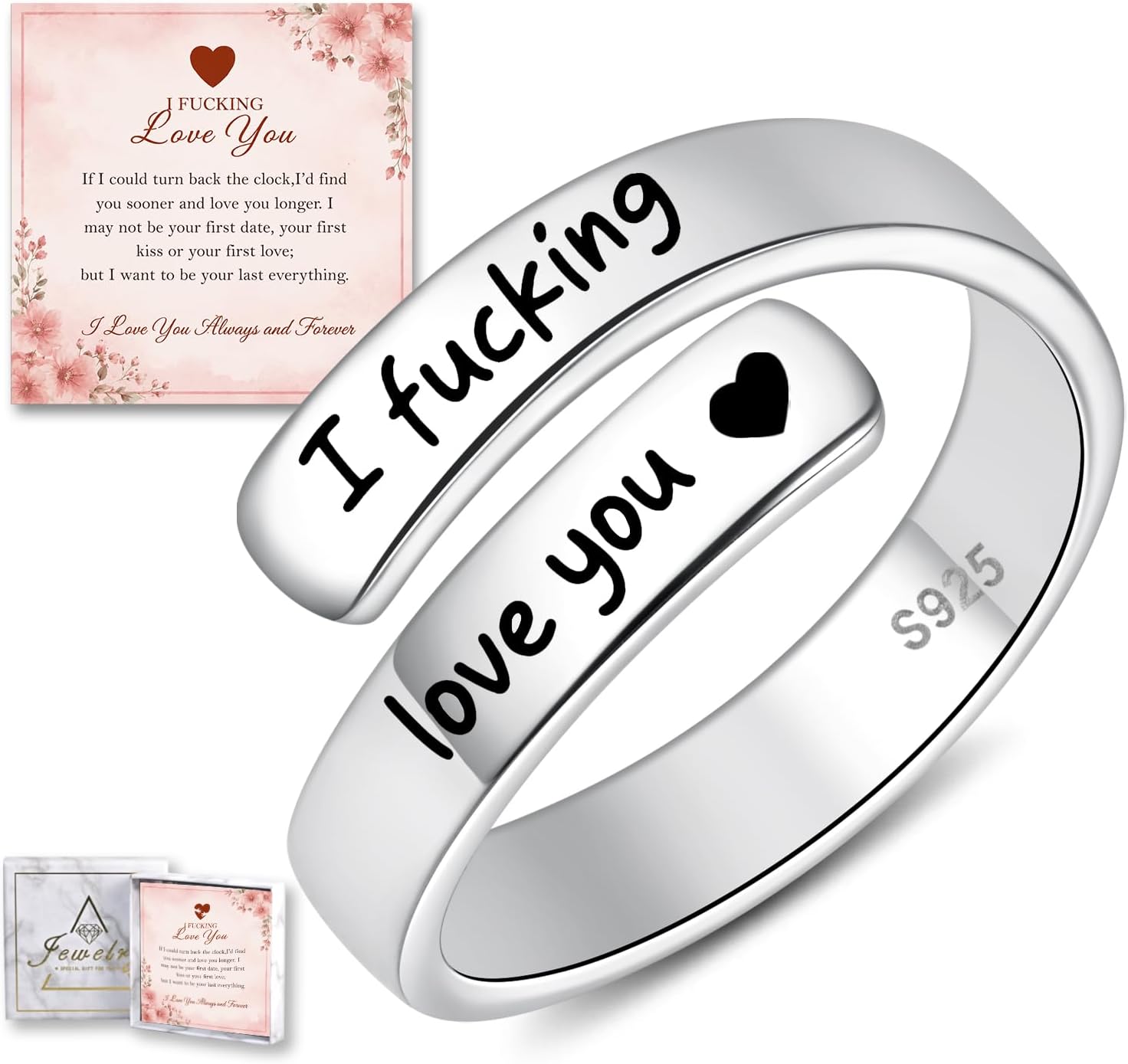 925 Sterling Silver I Fcking Love You Ring for Women Teen Adjustable Ring