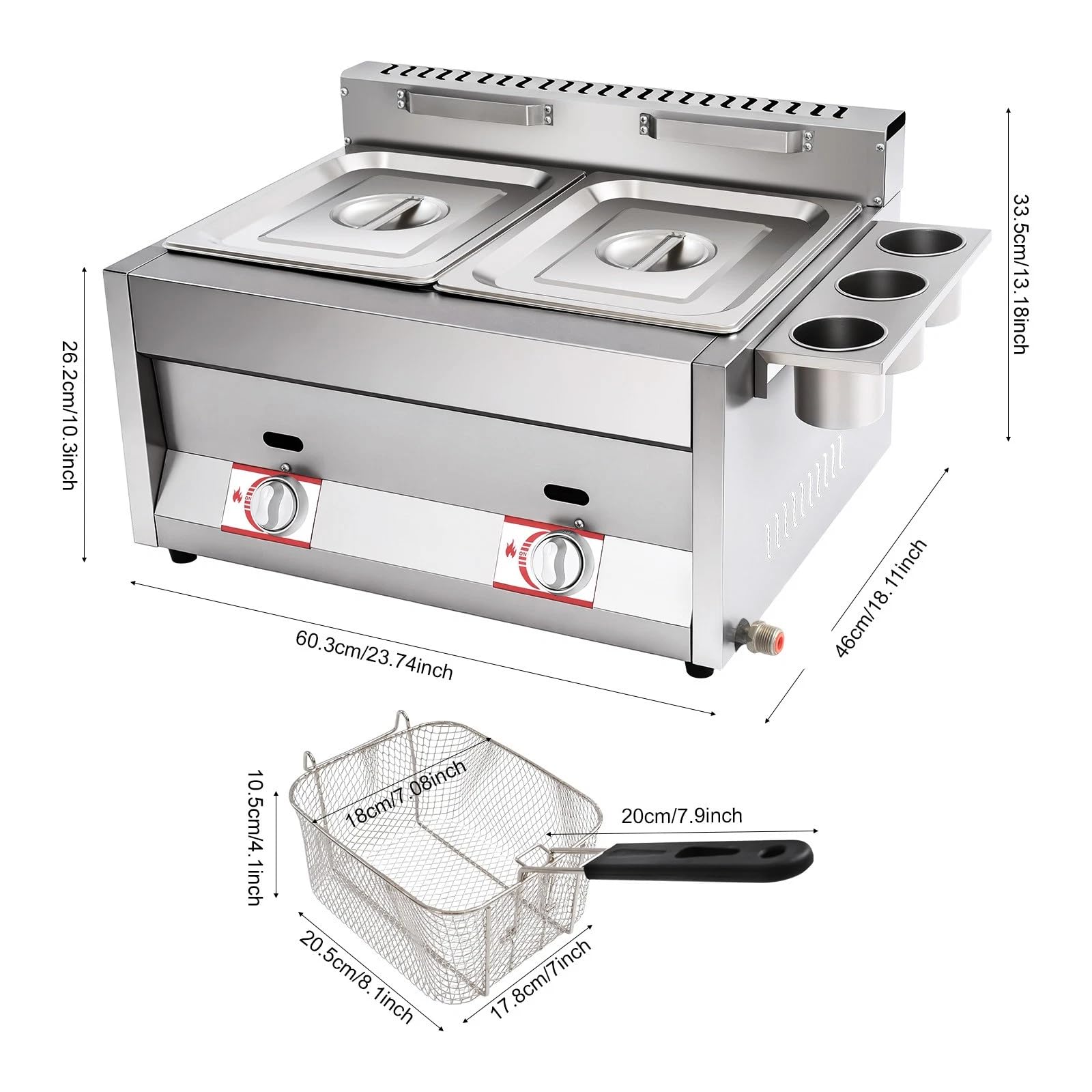 Friteuse à Gaz Commerciale, Double Réservoir 6L, En Acier Inoxydable, Avec 2 Paniers à Friture Et Couvercle, Température Réglable 50-380°C, Pour Restaurants, Bars à Emporter, Cuisine à Domicile