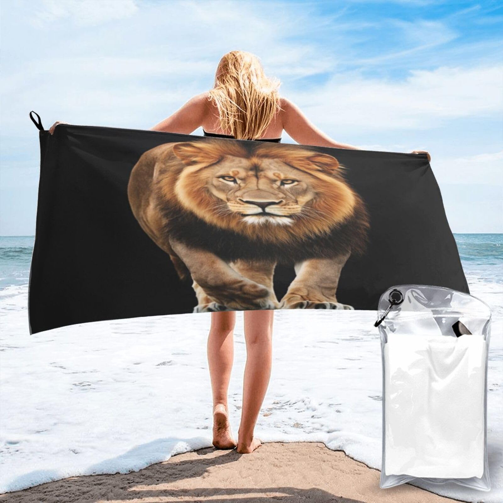 Anceky Realistic Digital Lion Portrait, Front View, Black Background Quick Dry Microfiber Travel Towel with Carry Case and Carabiner 27.5"X55"