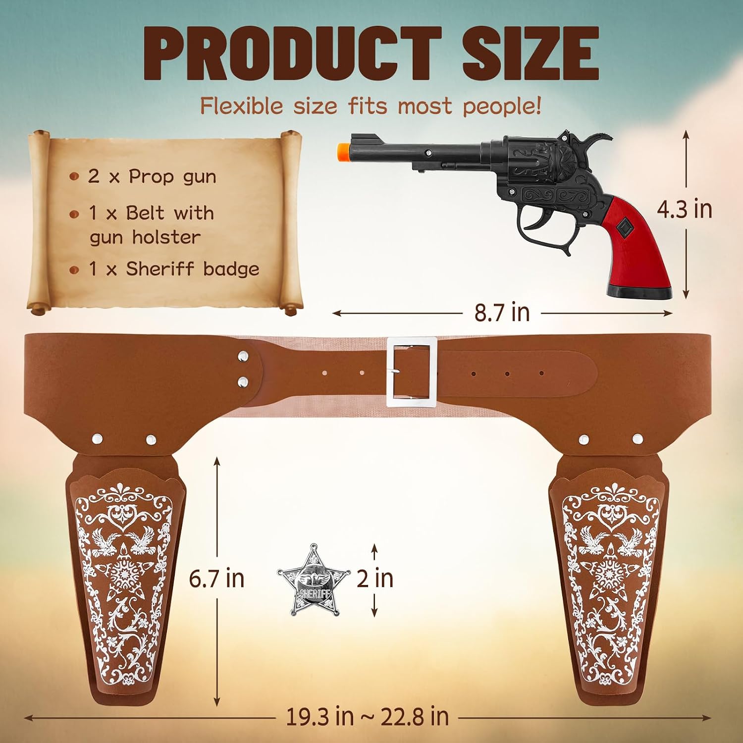 Cowboy Holster Gun Set,Western Cowboy Guns with Holsters,Brown Prop Gun for Western Cowboy Accessory,Halloween Party,2 Fake Guns,2 Gun Holsters and 1 Badge