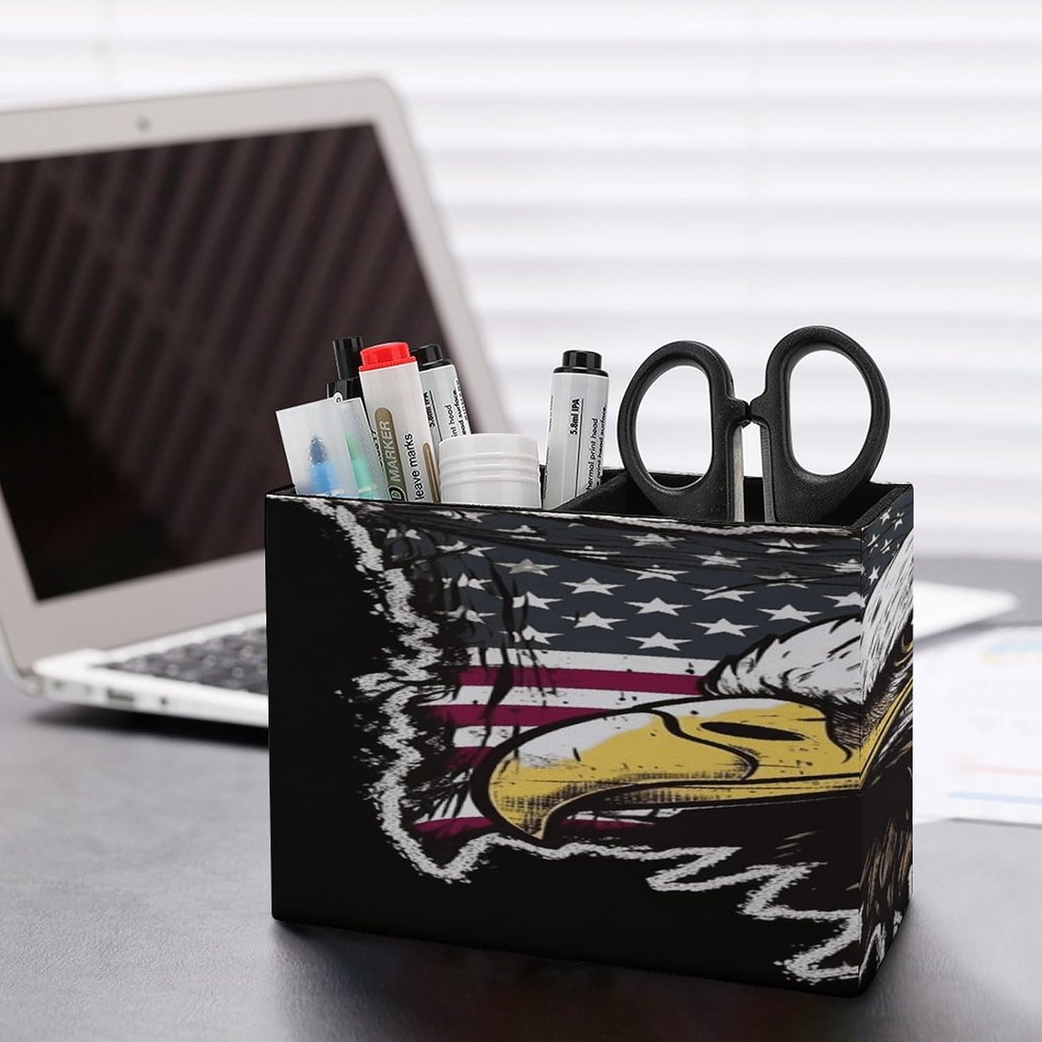 US Army Cool American Flag Eagle Pen Holder Double Compartments Pen Cup Fashion Makeup Brush Holders Leather Pencil Holder for Work Locker Accessories Modern Pencil Cup for Desk Organizer image 5