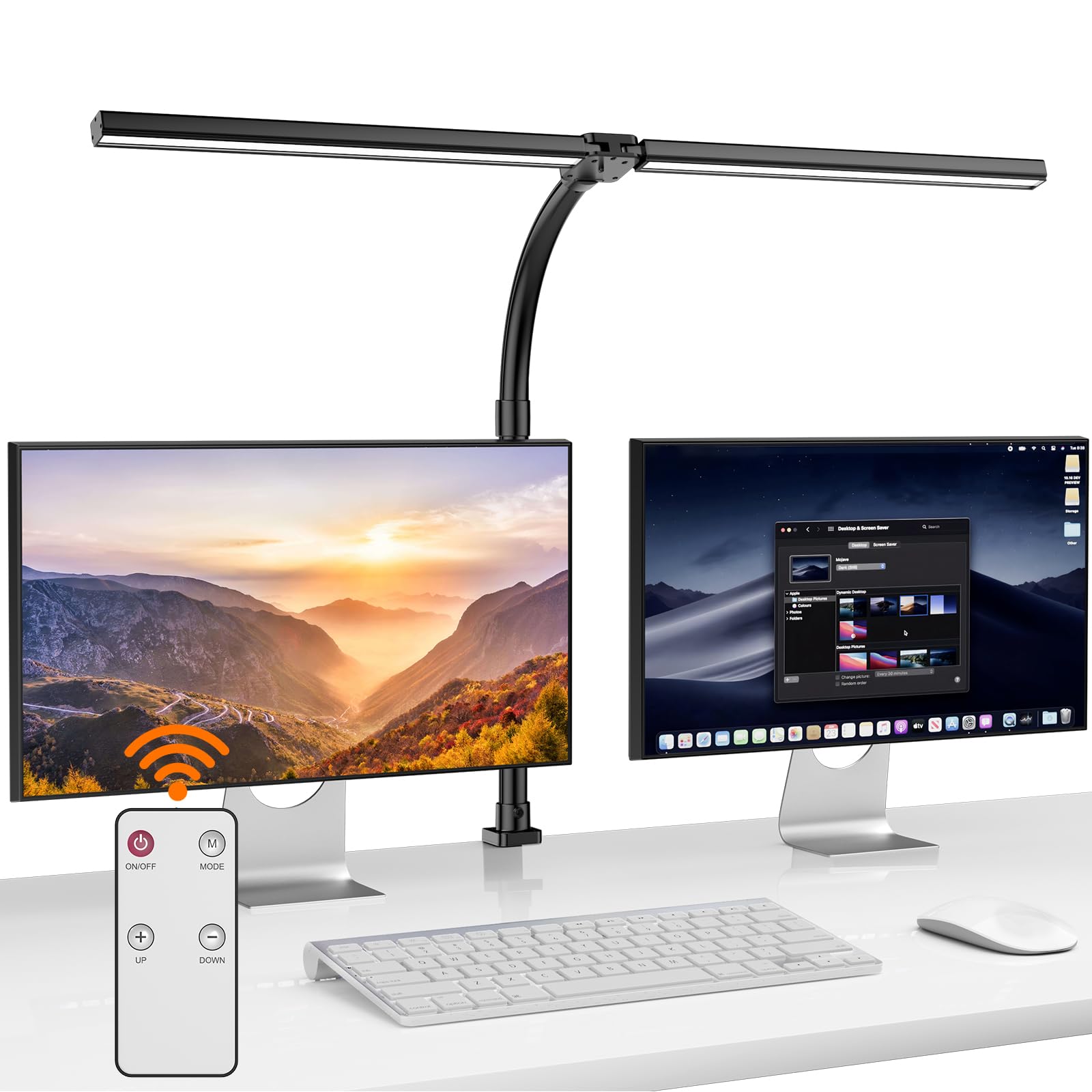 EUARY Lámpara de escritorio LED 1300 lm, doble cabeza 24 W, con pinza de 80 cm, regulable con mando a distancia, brazo flexible, luz diurna para oficina en casa (Negro, Negro)