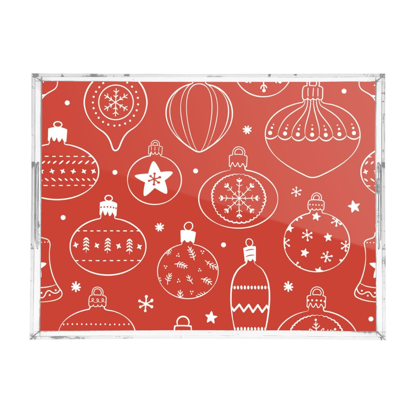 Bandeja acrílica transparente con asas, bandeja decorativa transparente de 12 x 16 pulgadas, patrón dibujado a mano, bonitas bandejas de servir navideñas a prueba de derrames, transparente