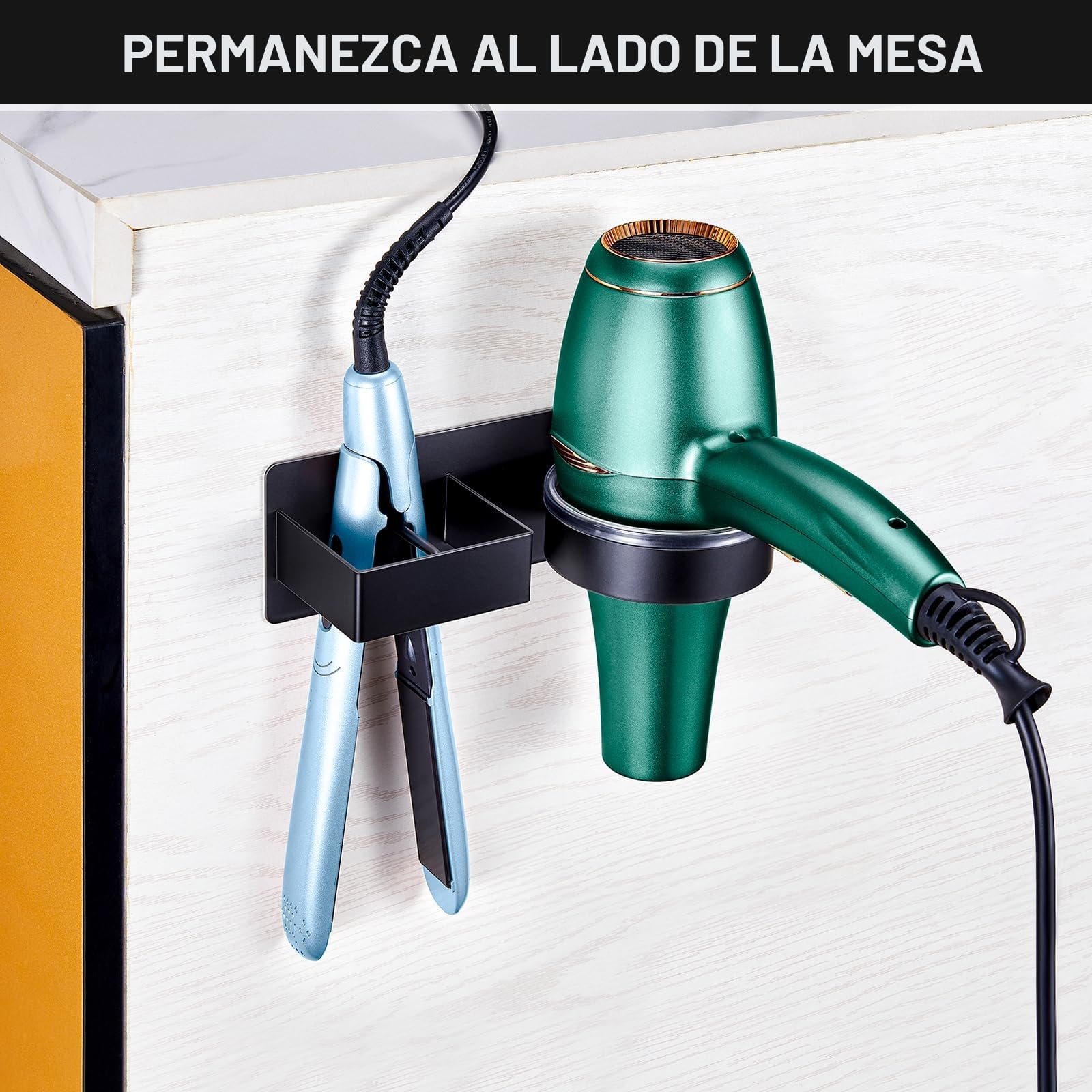 Soporte Secador de Pelo Autoadhesivo de Pared Sin Taladrar, Soporte para Secador y Plancha, Negro