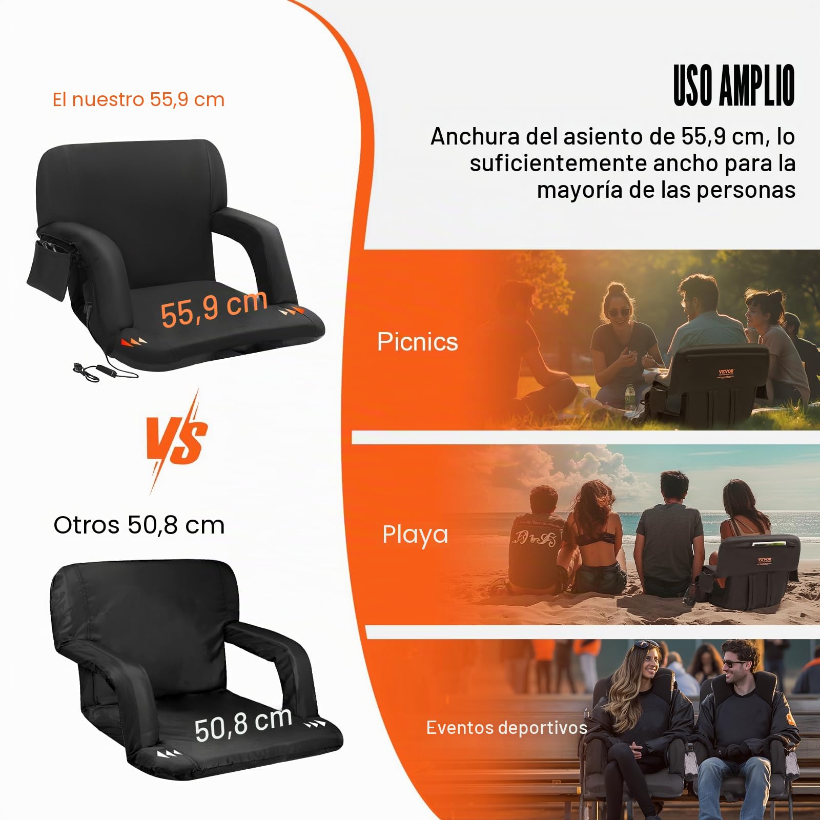 VEVOR Asiento Portátil Plegable de Estadio con Doble Calefacción y Soporte para la Espalda con Calefacción de 3 Niveles, con Portavasos con Bolsillo con Gancho, para Eventos Deportivos, Conciertos