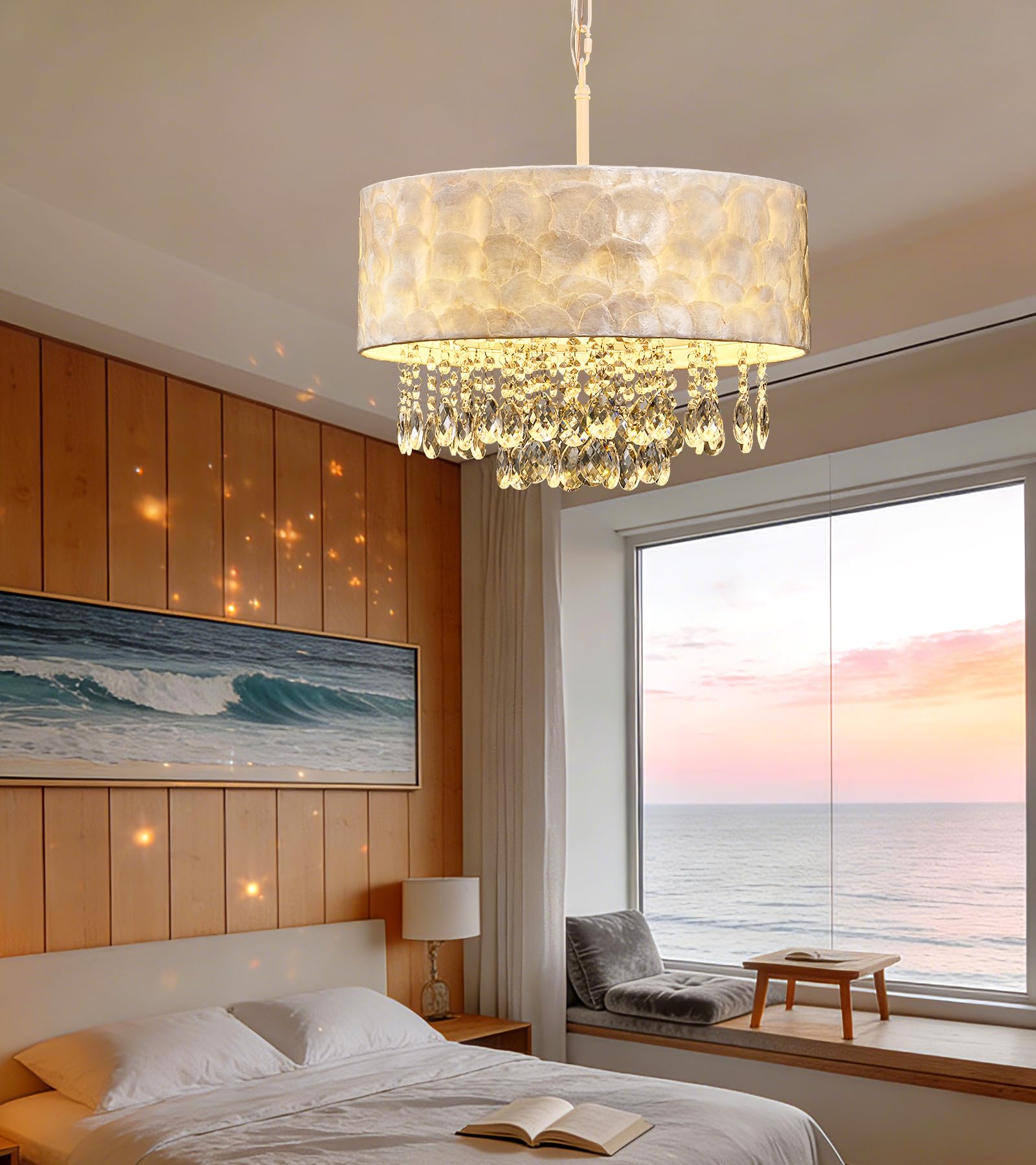 Q&S Modern Glam Capiz Shell Crystal Chandelier,4-Light Coastal Drum Pendant L...