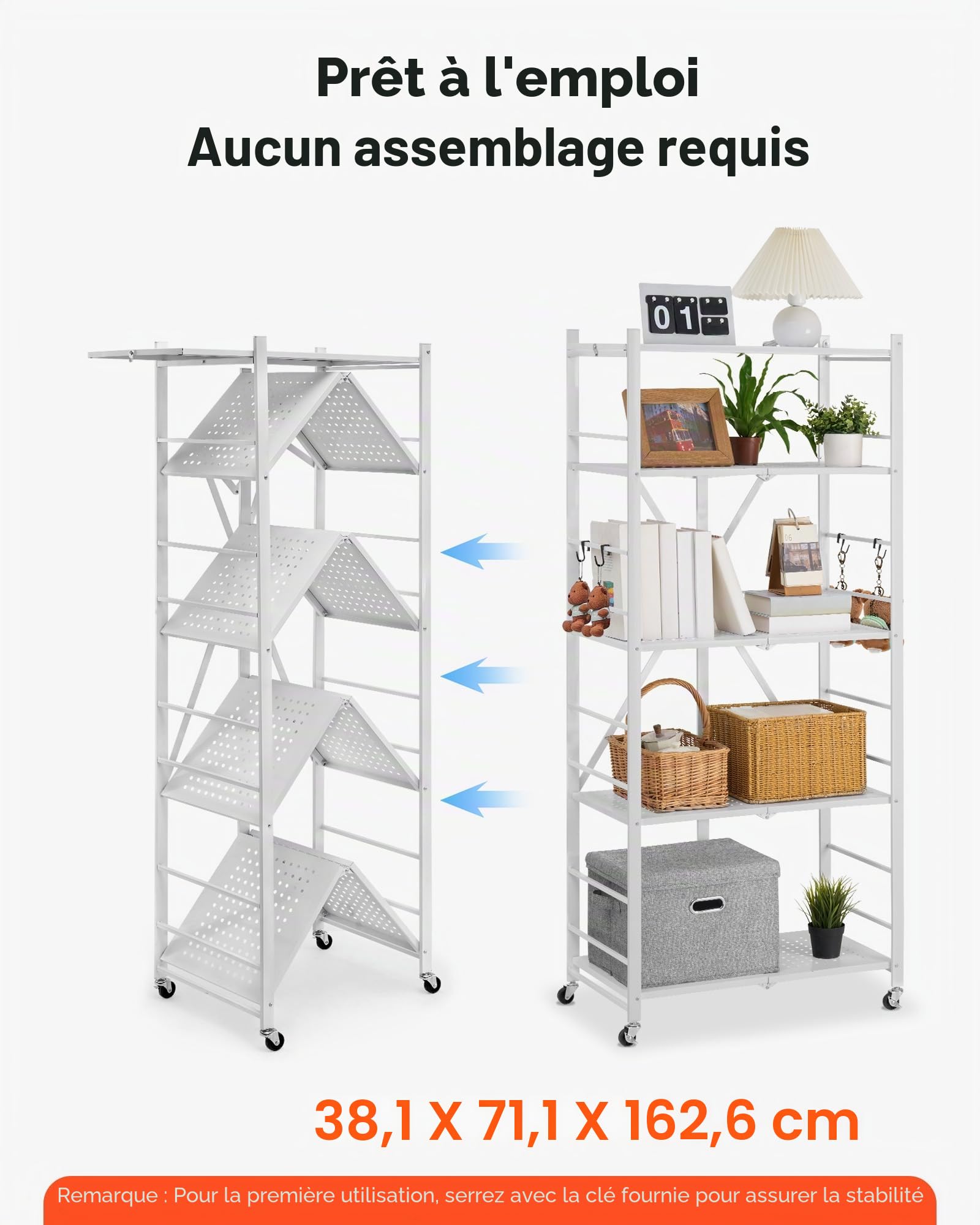 VEVOR Étagère Pliante Mobile, 5 Niveaux, Étagère Pliante à roulettes, 71x38x163 cm, Métal Robuste, Charge Statique 340 kg Dynamique 90,7 kg, Meuble de Rangement pour Garage, Cuisine, sous-Sol, Blanc