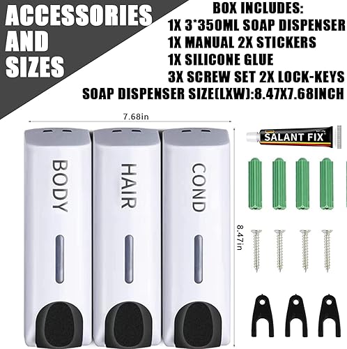 Miniatura 2 de Dispensador de jabón de ducha 3 en 1, dispensador de champú y acondicionador sin taladros, dispensador de champú para montaje en pared, bomba de