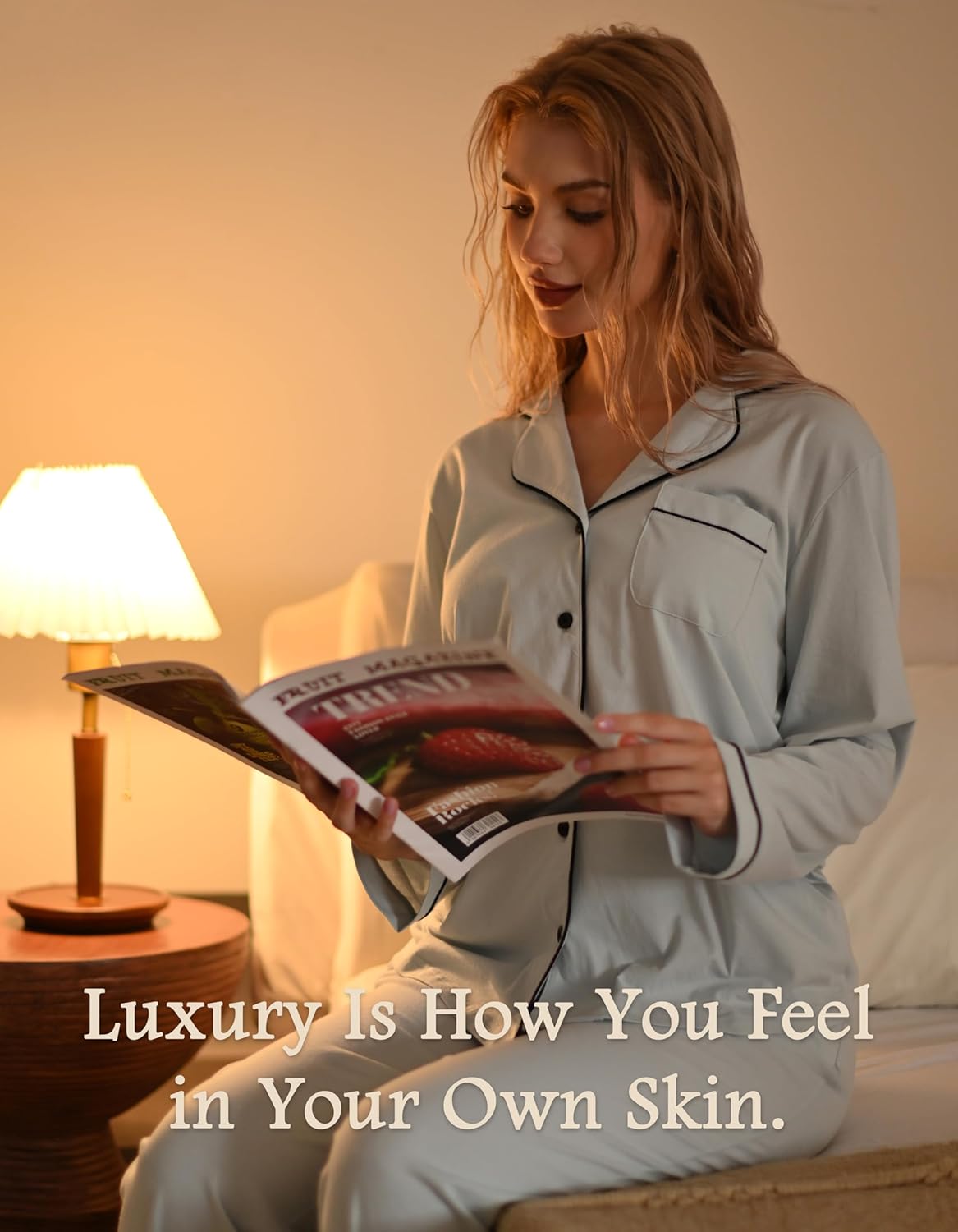 100% Cotton Pajamas for Women 2 Piece PJs Set Light Blue M Long Sleeve with 3 Pockets Sleepwear (LightBlue,M) - Image 3