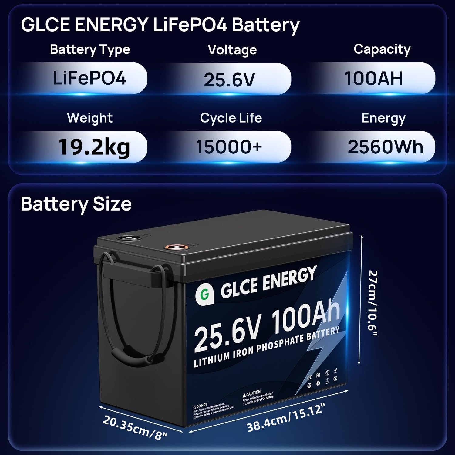 24v 100ah Lifepo4 Batteria,GLCE ENERGY 100A BMS, 10000+ Deep Cycles, batteria ricaricabile per camper, impianto solare, rimorchio, camper, marina, fuoristrada, motore a traina