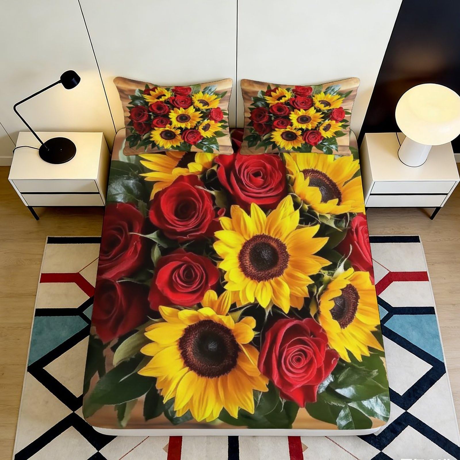 Decorative sunflower rose 3D Printed Fitted Sheet, Microfiber soft touch, wrinkle resistant, guest room bedding, easy care, stylish home decor 120x200x25cm