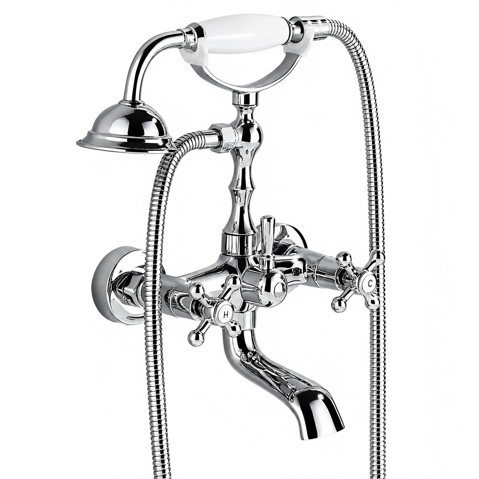 Retro Badewannenarmatur mit Handbrause, Chrom Wannenarmatur mit Brause Duschkopf, Duscharmatur Wasserhahn Badewanne Set für Bad Dusche, 1,5m Duschschlauch