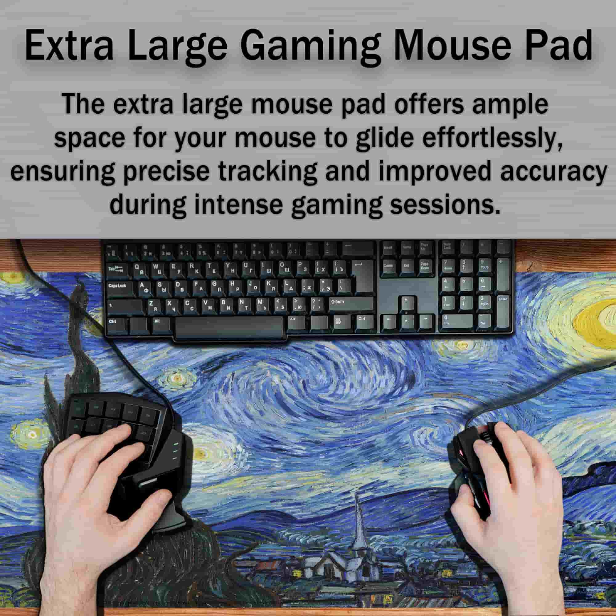 Alfombrilla para teclado y mouse, color azul, XXL, base de goma antideslizante, impermeable, con bordes cosidos, 35.4 x 15.7 pulgadas, para oficina de juegos, la noche estrellada
