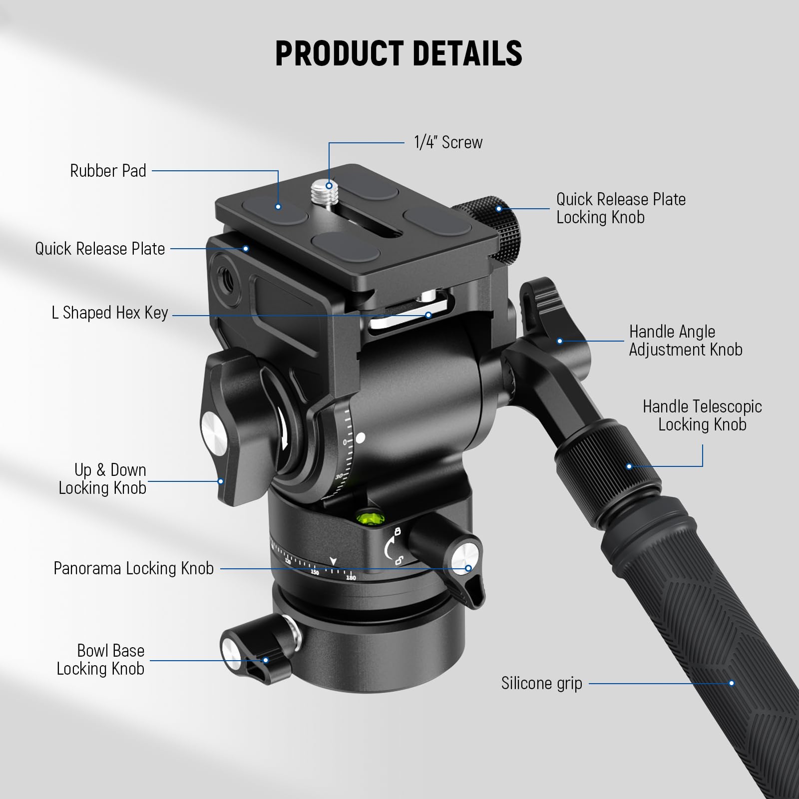 NEEWER Tripod Fluid Head With /-10° Leveling Base (37 Dia.), Etal Pan Tilt Head With Arca