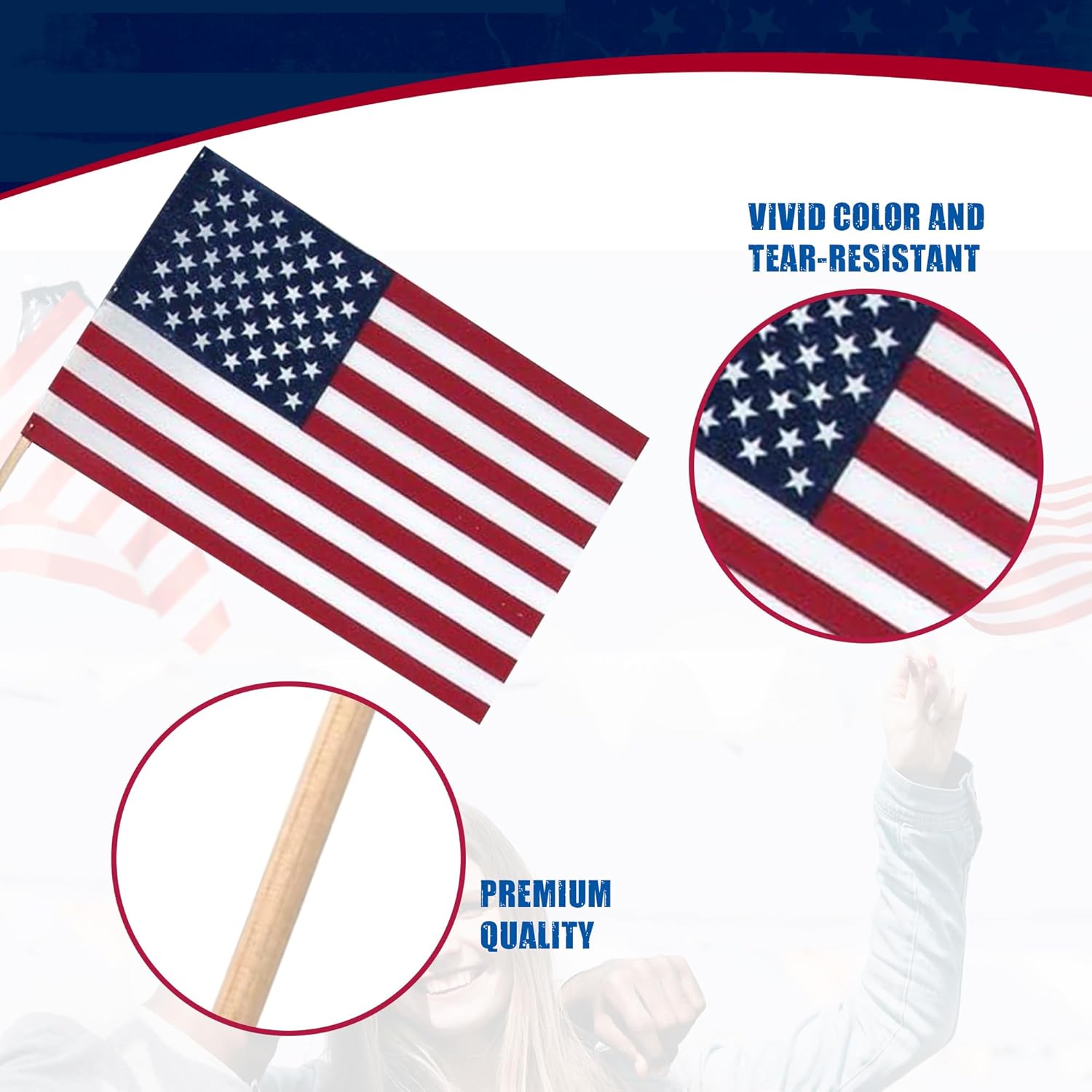 Super Tough Small American Stick Flags 8’’x12’’ | Cotton Outdoor Flag on 24’’ Wooden Stick | Hand Held Flags Patriotic Decor for Various Holiday Parties and National Flag Day | 12 Pack