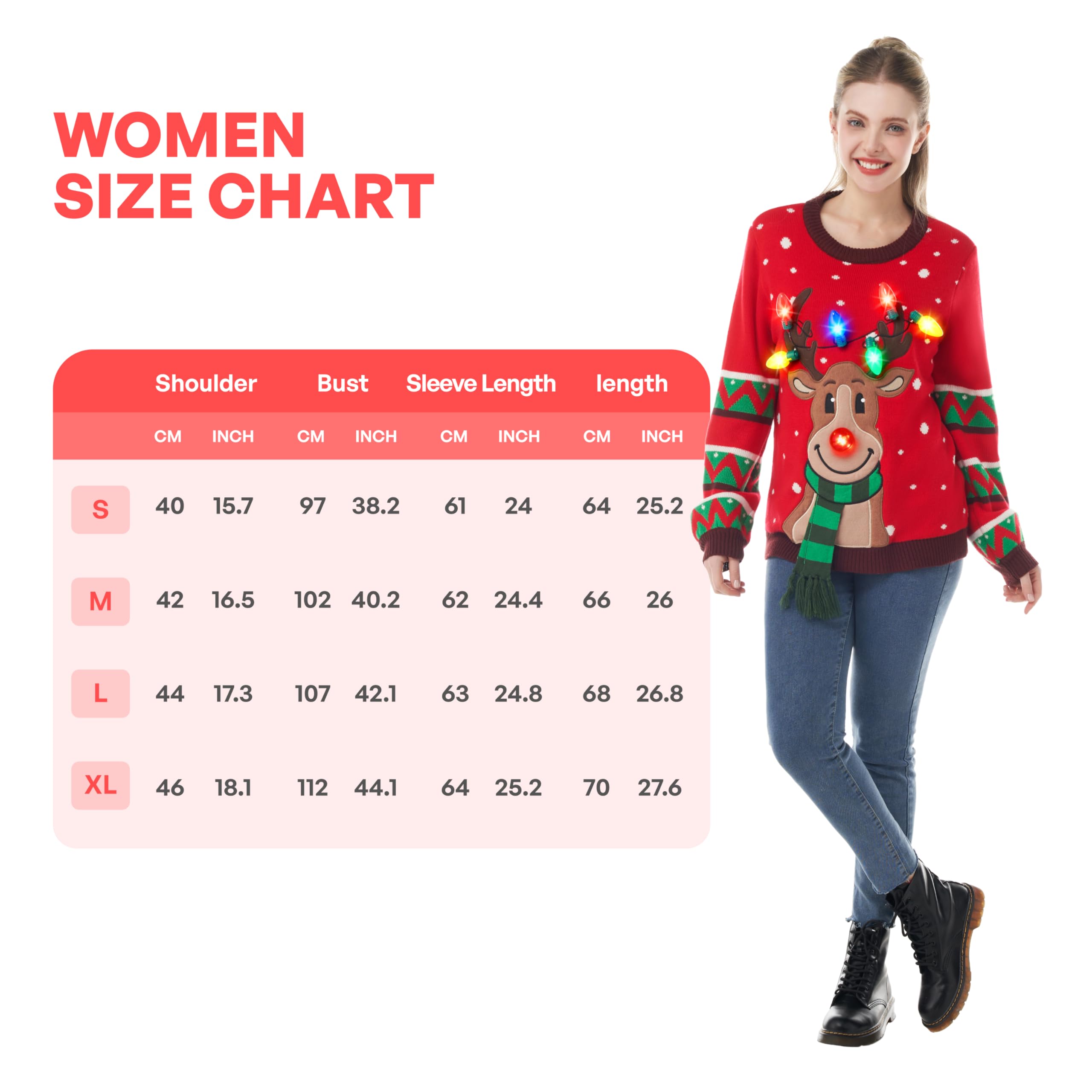 JOYIN Damski sweter z podświetleniem LED, z reniferem, brzydki sweter bożonarodzeniowy z wbudowanymi żarówkami.