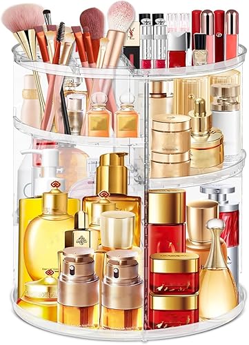 KerMiCi Organizador de maquillaje giratorio 360, organizador de maquillaje transparente de capa ajustable, organizador de cosméticos para encimera,