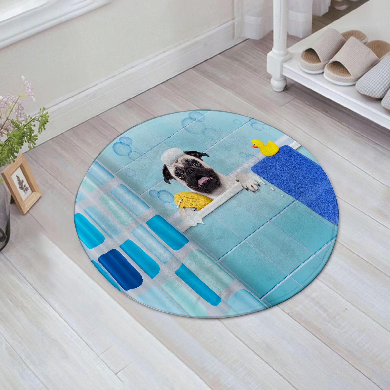 EMFSLA Bath Mat 24x24 in,Pug dog in bathtub with speaking duck and domestic time towel,Non-Slip Bathroom Mat Machine-Washable,Ultra Soft and Water Absorbent Bath Rug for Bathroom