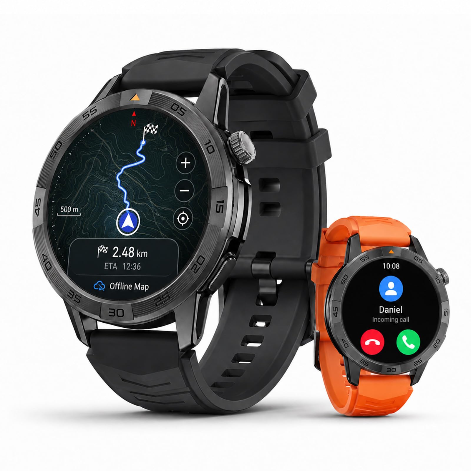 agm legion pro gps smartwatch with offline maps, bluetooth calling, amoled gorilla glass, 100+ sport modes, spo2/sleep/heart rate/stress monitor, 5atm waterproof, diy dial/weather/alarm with 2 bands