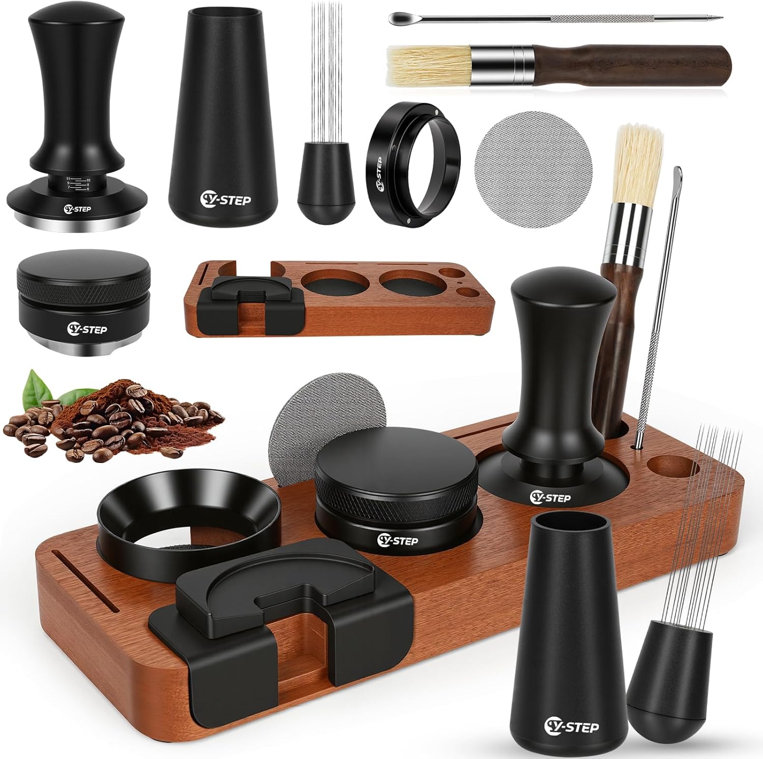 Y-Step 8 Pcs Espresso Accessories Kit, 51mm Espresso Tamper Kit Espresso Tools Barista Kit & Espresso Tamping Station, with 51mm Coffee Tamper, Distributor, WDT Tool, Dosing Funnel, Puck Screen, Brush