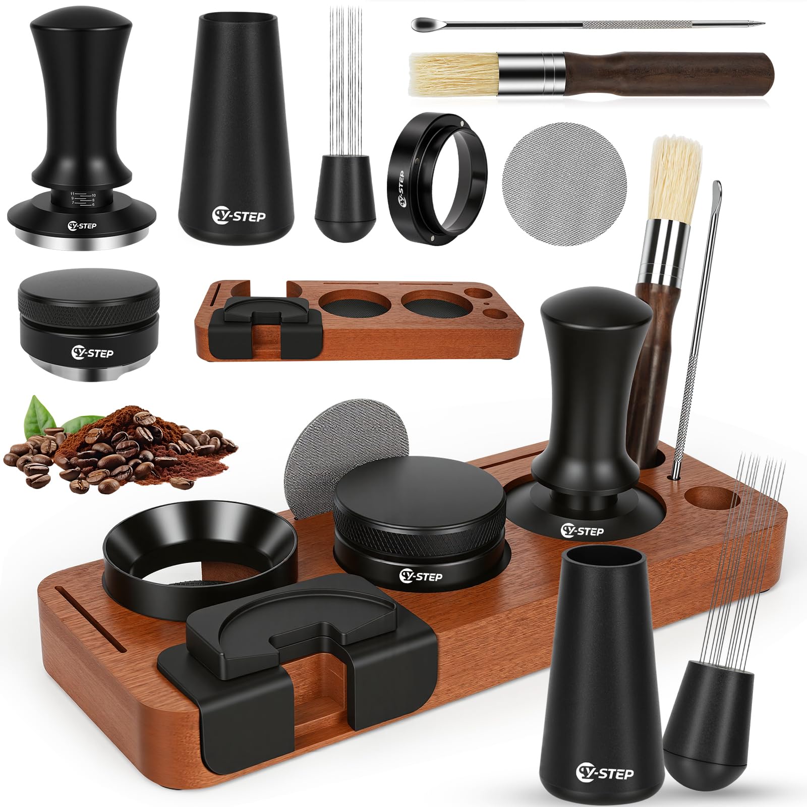 Y-Step 8 PCS Espresso Machine Accessories Kit: 51mm Espresso Tamper Tools, with Wood Coffee Espresso Tamping Station, WDT Tool, Distributor, Stirrer, Dosing Funnel, Brush, Puck Screen, Latte Art Pen