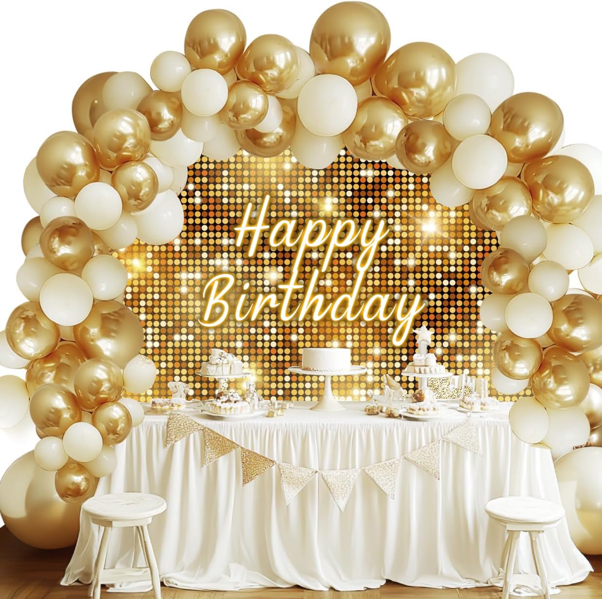Telón de Fondo de Cumpleaños 3.6x2.5m, Brillar Oro Feliz Cumpleaños Firmar DIY Fotografía Fondo para Niña Mujer 1º 13º 30º Cumpleaños Fiesta Mesa de Tartas Decor Estandarte Utilería de Estudio
