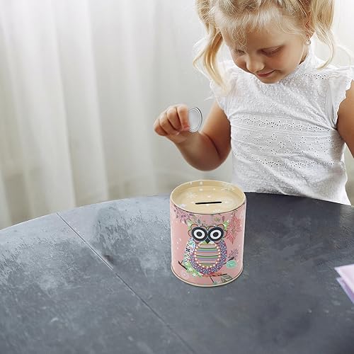 Miniatura 7 de EXCEART Hucha de dibujos animados de hojalata Búho patrón de moneda Banco de monedas redondo Caja de dinero Metal Coin Jar Niñas Ahorro Pot Candy